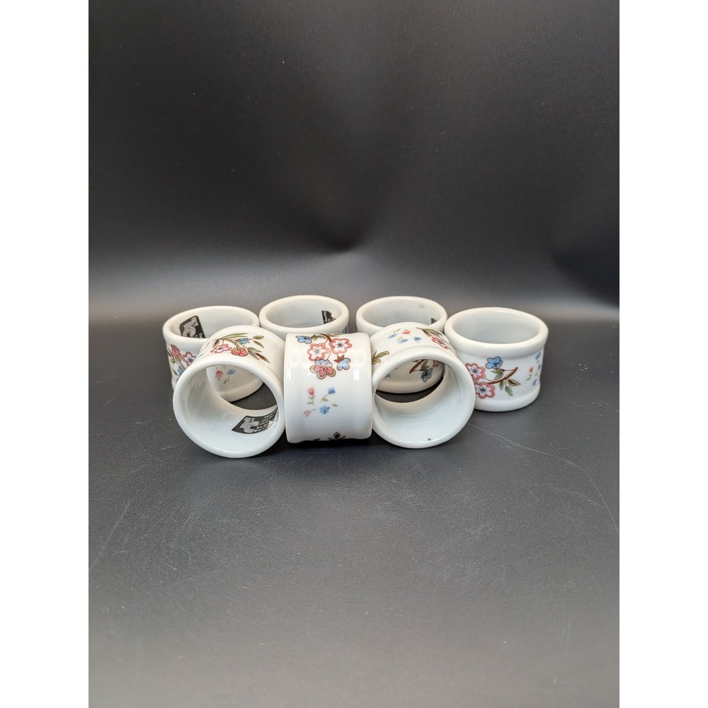 Vintage 1970's Town and Country Floral Porcelain Napkin Rings Set of 7